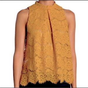 Love, Fire Mustard Cropped Lace Scalloped Hem High Neck Sleeveless Top